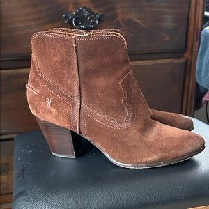 Frye Women's Chestnut Suede Heeled Boots. Size 10.